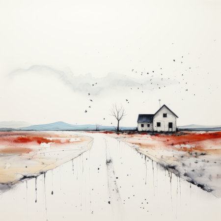 a watercolor painting of a rural american home for sale, inspired by the styles of scarlett hooft graafland and nicolas bruno. this raw and emotional artwork captures the essence of rural america with its white and red color palette. the zen-inspired ink painting technique adds a unique blown-off-roof perspective to the image. ai generatedの素材
