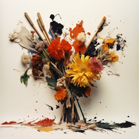 a florist displays a vibrant bouquet of flowers, showcasing a unique blend of abstract expressionist splatters, new american color photography, and meticulous photorealistic still lifes. the arrangement also incorporates deconstructed objects, including black and amber painting and writing tools, resulting in a captivating display of multi-colored minimalism. ai generatedの素材