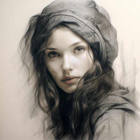 a captivating charcoal drawing of megan, reminiscent of leonardo da vinci's style, showcases the mastery of chiaroscuro. the weathered face is meticulously portrayed, capturing depth and wrinkles with meticulous strokes. the intensity of megan's gaze and the subtle shading nuances bring the drawing to life, evoking a timeless sense of wisdom. against a simple, monochromatic background, the intricate details of the subject take center stage.の素材