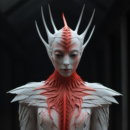 a woman's head and body, crafted with feathers in vibrant red and white colors, showcase a unique fusion of artistic styles including zbrush, changelingcore, and futuristic scenarios. this full-body depiction draws inspiration from fang lijun's figurative serpentinata technique, characterized by meticulous linework precision. ai generatedの素材