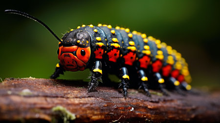 a small caterpillar with red and yellow spots on its back is captured in this stunning 32k uhd photograph. the intricate details of the caterpillar's markings are reminiscent of colorful woodcarvings, while the bold contrast and rich hues create a visually striking image. this national geographic photo showcases the beauty of nature, merging realistic animal portraits with elements of science-fiction dystopias. ai generatedの素材