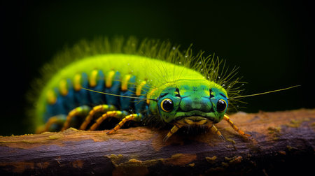 caterpillar insects crawl on a tree branch, captured in a national geographic photo. the image showcases intense color saturation, highlighting the vibrant hues of the caterpillars. their strong facial expressions add an intriguing element to the composition. ai generatedの素材