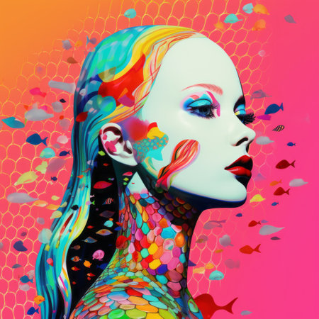 a vibrant and highly detailed fashion illustration by victor nizovtsev, showcasing a woman with fish adorning her face. this colorful artwork, created in the style of color splash and fluid form, resembles a vibrant mosaic. it is a captivating example of conceptual art pieces that seamlessly blend elements of nature and fashion. ai generatedの素材
