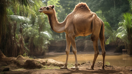 a camel stands near water in the jungle, showcasing daring experimentation with exaggerated poses. the camel's light brown and light amber hues add to the artistic appeal of the image. this uhd image, captured by francesco hayez, features focus stacking techniques and is available under the creative commons attribution license. ai generatedの素材
