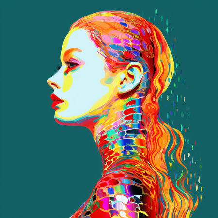 a woman with brightly colored hair is depicted in this image, showcasing the vibrant and eye-catching style of neon art nouveau. the use of dot-painted colors, optical blending, strip painting, and a bright palette creates a visually striking composition. the dark turquoise and light amber hues add depth and contrast to the presentation of the human form. the paint dripping technique adds an element ofの素材