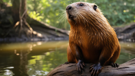 a beaver, captured in an exuberant style reminiscent of raphael lacoste and sopheap pich, gazes directly at the camera. this national geographic photo showcases the beaver's intricate details and natural beauty in stunning 8k 3d uhd resolution. elisabeth sonrel's artistic touch adds depth and emotion to this captivating image. ai generatedの素材