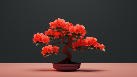 a 3d illustration of a bonsai tree featuring dark orange and crimson hues. delicate flowers adorn the tree, creating a classic still life composition. the artwork is inspired by the mingei style and showcases rim light, with a bold color usage of light black and red. ai generatedの素材