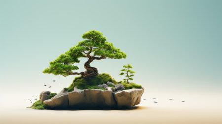 bonsai tree isolated on stone, a 3d illustration stock shot capturing the essence of japanese-style landscapes. the whimsical shapes of the bonsai tree create a nature-inspired art piece. this uhd image showcases the beauty of minimalistic landscapes, making it a perfect addition to nature-inspired pieces. ai generatedの素材