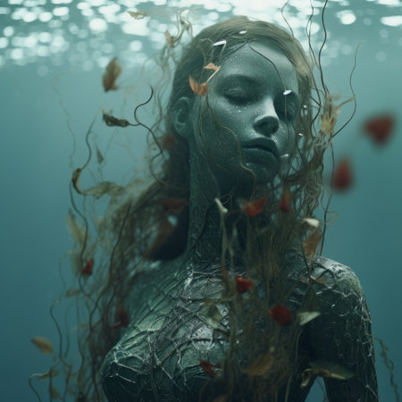 a woman in a tank wearing a dress surrounded by flowers, in the style of hyperrealistic marine life. the dress is made of vines, dark cyan, and gray, resembling sculptural costumes. the soft-focus portraits capture her calm demeanor against the backdrop of serene waters. this stunning image was rendered in cinema4d. ai generatedの素材