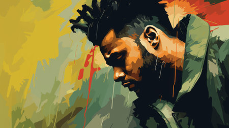 an abstract painting featuring a man with afro hair, adopting a backwards stance. the artwork showcases a paint dripping technique, reminiscent of xbox 360 graphics. the color palette consists of sharp, prickly dark green and amber tones. the piece exudes elements of rap aesthetics and indian pop culture, creating a captivating and emotionally charged imagery. ai generatedの素材