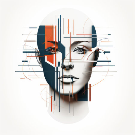 female robot with abstract head and face, depicted in a contemporary vector illustration. the artwork showcases a futuristic and abstract style, reminiscent of james bullough's work. the color palette consists of dark white and orange, creating a visually striking composition. inspired by artists like aron demetz and ai weiwei, the illustration features transparent layers and a linear composition. ai generatedの素材