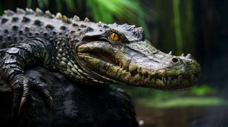 an alligator with its mouth wide open dominates the foreground of this photo, showcasing hyper-realistic details and vray tracing. the dark yellow and dark white tones create a mysterious atmosphere reminiscent of a jungle. the photo showcases photo-realistic techniques and features a steampunk creature, all enhanced by the use of rtx technology. ai generatedの素材