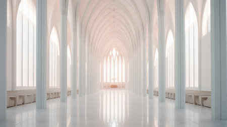 inside a white chapel, the ethereal light casts a romantic soft focus on several wooden benches. the gothic futurism style is evident in the light pink and light orange hues. the gothic architecture creates expansive spaces, while the 8k resolution captures the luxurious details. ai generatedの素材