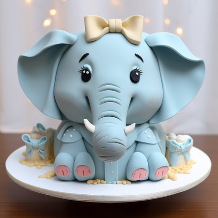 a baby elephant shaped cake, perfect for celebrating the arrival of a new baby. this detailed character design captures the essence of indian pop culture with its playful and strong facial expression. the photo, taken with a nikon d750 and enhanced with daz3d, showcases the cake's light navy and light azure colors. ai generatedの素材