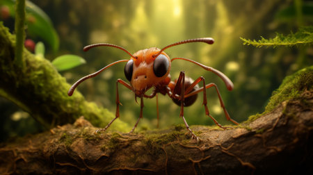 a black ant with red eyes stands in the grass, reminiscent of animated film pioneer style. the image showcases a blend of light brown and amber tones, digitally manipulated to create an intricate and sculpted effect. the ant's strong facial expression adds to the unpolished authenticity of this national geographic photo. ai generatedの素材