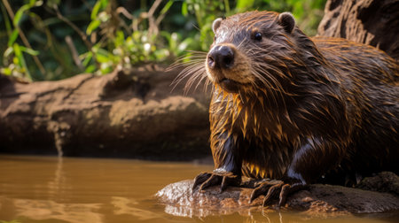 a playful and optimistic ludo beaver is captured in this uhd image by photographer lorenz hideyoshi. the beaver is seen in a serene setting, whether it be a pampa, pond, river, lake, or bog, with a shallow depth of field adding to the aesthetic. this photo pays homage to the artistic style of arthur wardle and the architectural influence of oscar niemeyer. ai generatedの素材