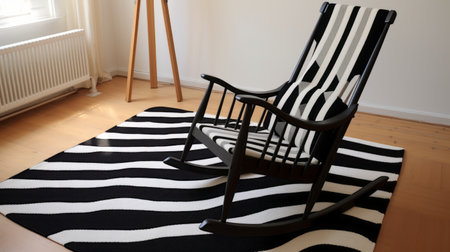 a rocking chair sits in front of a vibrant, monochromatic op art rug, creating a striking visual contrast. inspired by norwegian nature and the artistic style of cornelia parker, the chair features bold, black lines that add a touch of modernity. captured in 32k uhd resolution, this image beautifully combines elements of japanese minimalism and optical illusion. ai generatedの素材