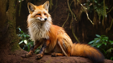 a red fox is captured in the forest, showcasing its attention-grabbing fur and feathers texture. this lifelike and realistic image is available under the creative commons attribution license. the fox, a chilling creature, exudes a joyful and optimistic vibe with its light orange and light navy coloration. this captivating photo can be found on flickr. ai generatedの素材