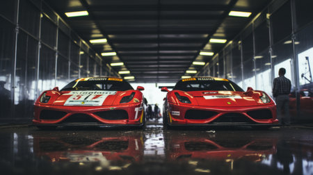 two vintage ferrari f430s from 1990 engaged in an intense race, with drivers exchanging determined glances. as they speed along the slightly wet track, sparks fly underneath their wheels. the cinematic shot captures the reflections on the cars, adding to the dramatic atmosphere. shot on grainy medium format kodak portra 800 film with an smc takumar 105mm f/2.8 lens. ai generatedの素材