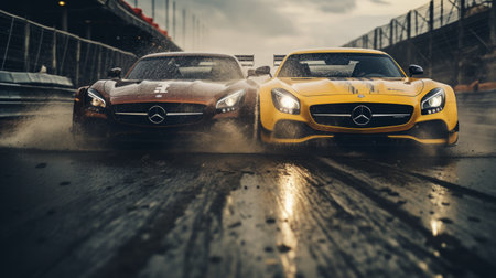 two vintage mercedes-amg gt cars from 1990 engage in an intense race, with drivers exchanging determined glances. as they speed along the slightly wet track, sparks fly underneath their wheels. the cinematic shot captures the reflections on the cars, enhanced by the grainy medium format kodak portra 800 film. this captivating image is taken with the smc takumar 105mm f/2.8 lens, adding depth and detailの素材