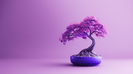 a 3d rendered miniature tree in a purple pot, inspired by japanese imagery. the image features a minimalist background, with a still life focus. the vibrant colors and blooming aesthetic create a visually stunning piece. this monochromatic masterpiece is rendered in high resolution (3840x2160), perfect for showcasing its intricate details. ai generatedの素材