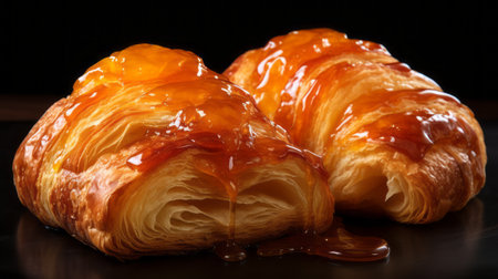 croissants wrapped with jam and drizzled with honey, captured in a hyperrealistic and photorealistic style. this macro photograph showcases the intricate details of the croissants, highlighting the rich colors of dark orange and amber. inspired by the monochromatic masterpieces of les nabis, this photorealistic pastiche is shot on kodak ektar 100 film. ai generatedの素材
