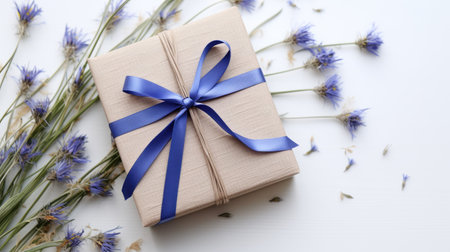 a box wrapped in a blue bow and adorned with flowers, showcasing a contemporary blend of light brown and indigo hues. this captivating image captures the contrast between fact and fiction, while also highlighting sensitivity towards the natural world. with elements of cottagecore and eye-catching tags, it offers a critique on consumer culture through its precisionist lines. ai generatedの素材