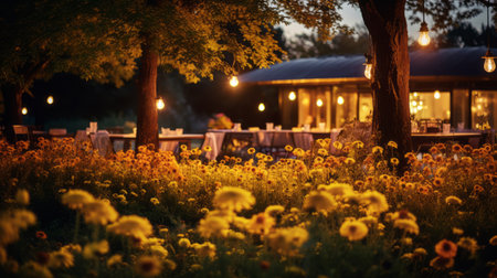 nighttime garden with trees and a table adorned with flowers, featuring a captivating blend of light amber and yellow hues. this enchanting scene exudes a cabincore aesthetic, reminiscent of light-filled landscapes. the uhd image captures the essence of renowned artist heiner luepke's style, while the shallow depth of field adds a touch of intrigue. thomas heatherwick's influence can also be felt in this mesmerizing composition.の素材