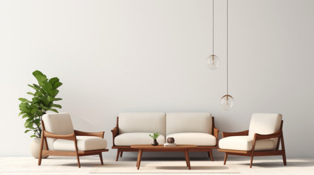 a 3d render of a simple modern wooden living room featuring a plant on the table. the room is designed in a light beige and brown color scheme, with a midcentury modern style. the lighting is flattering and enhances the minimalist conceptualism of the space. the room exudes a traditional yet minimalist spare simplicity, with minimalist abstracts adding to its overall aesthetic. ai generatedの素材