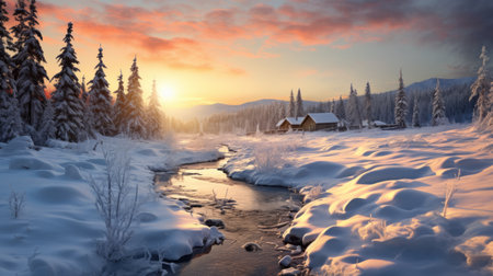 snow-covered landscape with a river flowing through a forest adorned in snow, showcasing richly colored skies. this captivating photo captures the essence of cabincore and the beauty of norwegian nature. with vray tracing, the image depicts a serene depiction of rural life, illuminated by a soft blend of white and orange hues. a true national geographic-worthy shot. ai generatedの素材