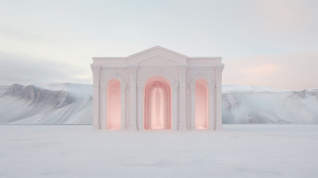 a white building stands proudly atop a snowy mountain, surrounded by the breathtaking norwegian nature. the building showcases a unique blend of light pink and light bronze, creating a visually striking contrast against the snowy backdrop. with its arched doorways and neoclassical symmetry, the building exudes elegance and charm. the conceptual light sculptures and emotive fields of color add a touch of artistic flair toの素材
