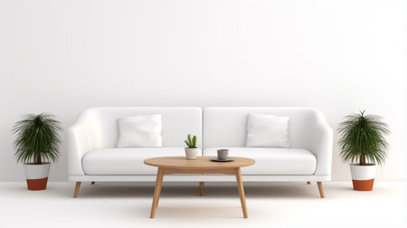 white modern retro living room furniture is showcased in this 3d rendering. the furniture exudes a minimalistic simplicity, with its clean lines and sleek design. the use of wood adds warmth to the overall aesthetic. against a white background, this minimalist photography captures the essence of spare simplicity. the tabletop photography highlights the minimalistic japanese influence in the design. ai generatedの素材