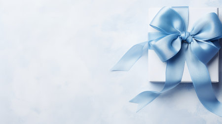 white box with blue ribbon, delicately wrapped presents, showcasing a minimalist background with a light indigo hue. the painterly touch adds a unique texture and shading to the composition, creating a soft and dreamy depiction. this visually stunning image captures the artistry of gift wrapping, making it perfect for vfxfriday. ai generatedの素材
