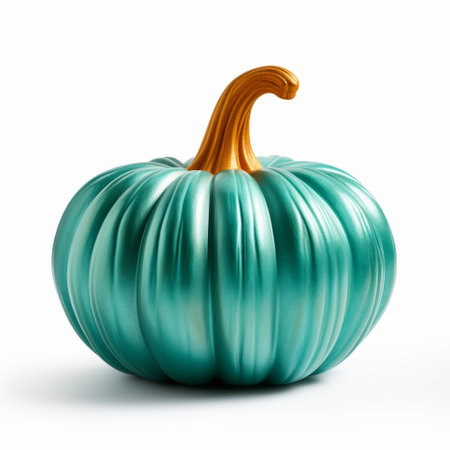 a teal plastic pumpkin, with whimsical realism, sits on a white background. this digitally enhanced photo showcases vray tracing and glazed surfaces, highlighting the exquisite craftsmanship. the use of precious materials is evident, with striated resin veins adding a unique touch to the pumpkin's design. ai generatedの素材
