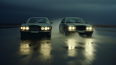 two 1990 bentley continental gt cars engage in a thrilling race, with drivers exchanging intense glances. as they speed along the slightly wet track, sparks fly underneath their wheels. the cinematic shot captures the reflections on the cars, adding to the dramatic atmosphere. shot on grainy medium format kodak portra 800 film with an smc takumar 105mm f/2.8 lens. ai generatedの素材