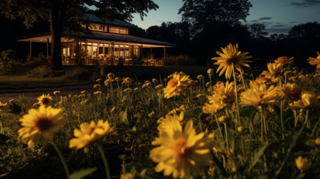 yellow flowers bloom vibrantly on a farm field, creating a picturesque scene reminiscent of illuminated interiors. the timber frame construction adds a rustic charm to the surroundings, while the narrative-driven visual storytelling captures the essence of the secessionist style. this night photograph showcases the colorful gardens and polished craftsmanship, making it a captivating sight. ai generatedの素材