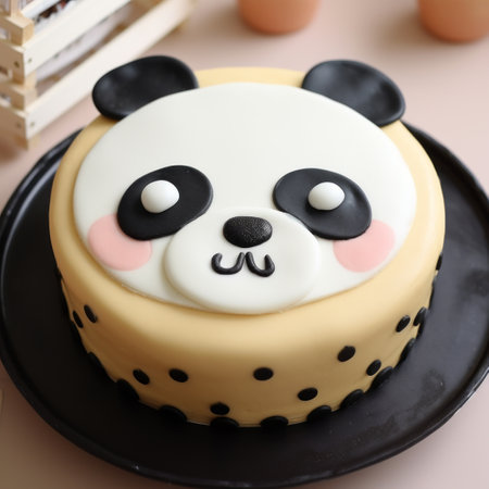 a panda cake with detailed character expressions sits on a plate adorned with polka dots. this 32k uhd photo captures the cake's light beige and black colors, set against the backdrop of beijing east village. the cake is beautifully decorated in light yellow and light orange hues, with a focus on the adorable facial expressions. the plate's light pink and dark blue accents add aの素材