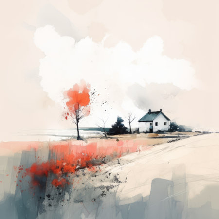 a house stands in a field, surrounded by vibrant red flowers and adorned with clouds in the background. this conceptual digital art piece captures the essence of an ink wash painting, with its light cyan and orange hues. the gentle color palette and sparse, simple sketches create a breathtakingly beautiful composition. ai generatedの素材