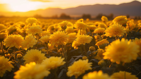 a large field of vibrant yellow dahlia flowers stretches out before majestic mountains, creating a breathtaking scene. the soft focus and ethereal light add a touch of romance to the golden-hued landscape. the combination of vibrant colors, atmospheric lighting, and strong contrast creates a captivating image reminiscent of the artistic style of edogawa ranpo. ai generatedの素材