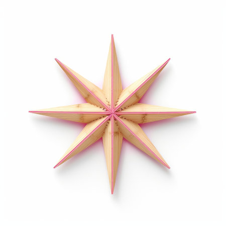 a star-shaped cardboard ornament sits on a white surface, showcasing a realistic and detailed rendering. the ornament is adorned with colorful woodcarvings in the style of light magenta and light crimson, reminiscent of mid-century illustration and tropical symbolism. this piece by ray collins exhibits elements of japonisme, adding a unique touch to the overall design. ai generatedの素材