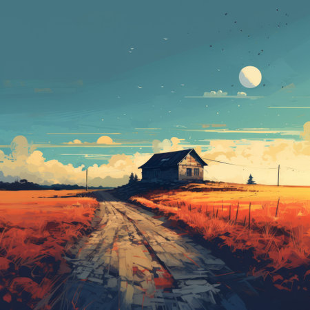 a stunning landscape painting hd wallpaper featuring charming and idyllic rural scenes in the style of graphic novel inspired illustrations. the artwork showcases a beautiful combination of dark cyan and orange tones, creating a captivating and visually appealing composition. with elements of prairiecore and cabincore, this piece is enhanced by post-processing techniques, giving it a unique and mesmerizing aesthetic. ai generatedの素材