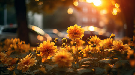 sunflowers in a flower field, bathed in sunlight, create a vibrant and colorful scene reminiscent of street art. the dark gold and light amber hues add depth and warmth to the image. captured with a konica auto s3 camera by lilia alvarado, this uhd photo showcases a soft and dreamy atmosphere with a shallow depth of field. ai generatedの素材