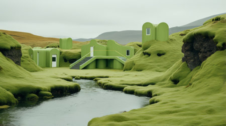a river gracefully winds its way beside a field, surrounded by futuristic architecture. the monolithic structures, designed by scarlett hooft graafland, blend seamlessly with the landscape. polixeni papapetrou's artwork showcases realistic color schemes, highlighting the organic architecture. ai generatedの素材