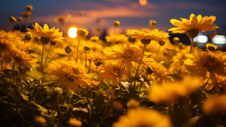flowers in a field under a dark evening sky, captured in the style of light yellow and light amber hues. this uhd image showcases a stunning lens flare, reminiscent of national geographic's iconic photography. immerse yourself in the beauty of nature with this nature-inspired imagery. ai generatedの素材