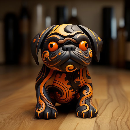 bulldog brand wooden figurine snake-like character design with cute and stylish style. this versatile keychain or figurine features a dynamic pose and expression, showcasing strong movement. the orange and black color scheme adds a vibrant touch, while street dance elements like headphones and hats bring an edgy vibe. perfect for those seeking a unique and eye-catching accessory. ai generatedの素材