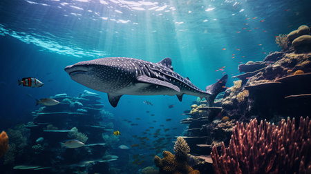 a vibrant underwater scene featuring a majestic whale swimming amidst a stunning coral reef teeming with marine life. in the foreground, a tegu lizard rests peacefully on a rock. this wide-angle shot showcases the breathtaking beauty and diversity of the underwater world. the high-resolution 8k image brings the scene to life, making it feel incredibly realistic. ai generatedの素材