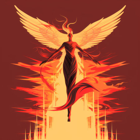 a female angel, depicted in a graphic design-inspired illustration style, stands on a fiery backdrop. with wings spread wide, the angel exudes a sense of power and intensity. the dark orange and red hues add to the dramatic effect. this fashion-inspired illustration showcases a gigantic scale, precisionist details, and elongated features, creating a captivating portrayal of psychological phenomena. ai generatedの素材