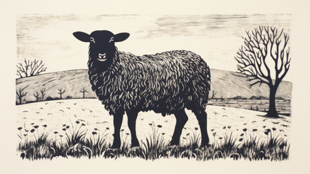 a black and white photograph captures a serene winter scene with sheep grazing on a snowy field. the image is reminiscent of woodcut-inspired graphics, featuring holotone printing and soft shading. the high-resolution 8k quality showcases the intricate details of the victorian-inspired illustrations. the composition showcases the influence of young british artists (ybas) and their meticulous character design. ai generatedの素材