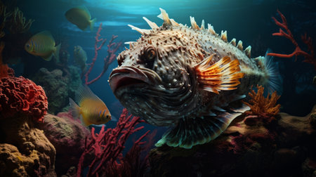 an anglerfish swims gracefully amidst a vibrant coral reef teeming with marine life. in the background, a rattlesnake rests on a rock, adding to the captivating scene. this wide-angle shot showcases the breathtaking beauty and diversity of the underwater world. the image is captured in stunning 8k resolution, providing a lifelike viewing experience. ai generatedの素材