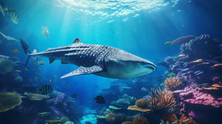 a vibrant coral reef teeming with marine life serves as the backdrop for a majestic whale, while a tegu lizard finds solace on a nearby rock. this captivating wide-angle shot showcases the breathtaking beauty and diversity of the underwater world. with its lifelike details and stunning 8k resolution, this image is a true visual masterpiece. ai generatedの素材